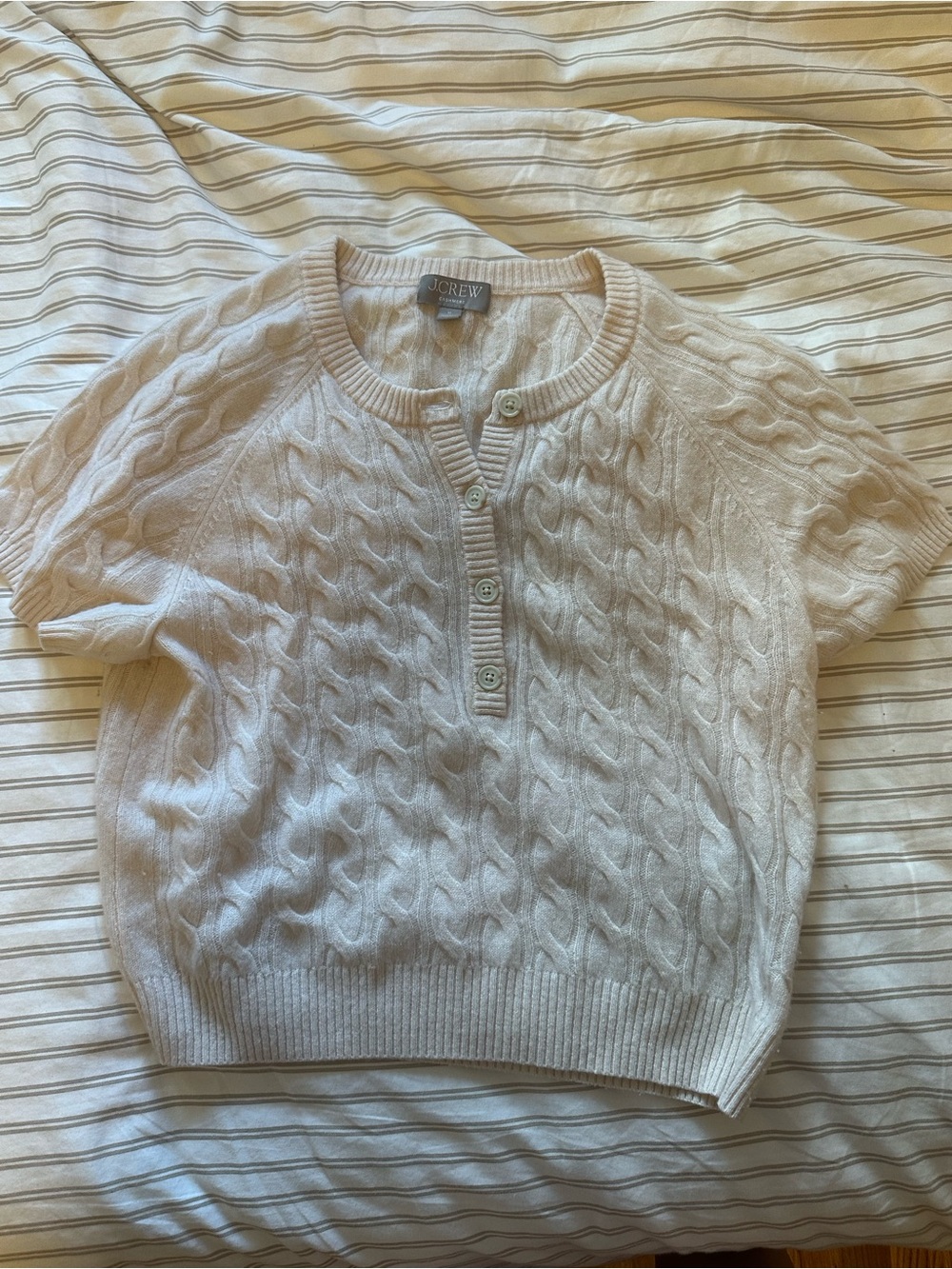 J. Crew 100% Cashmere Creamy Whote Cable-Knit Short-Sleeve Henley Sweater